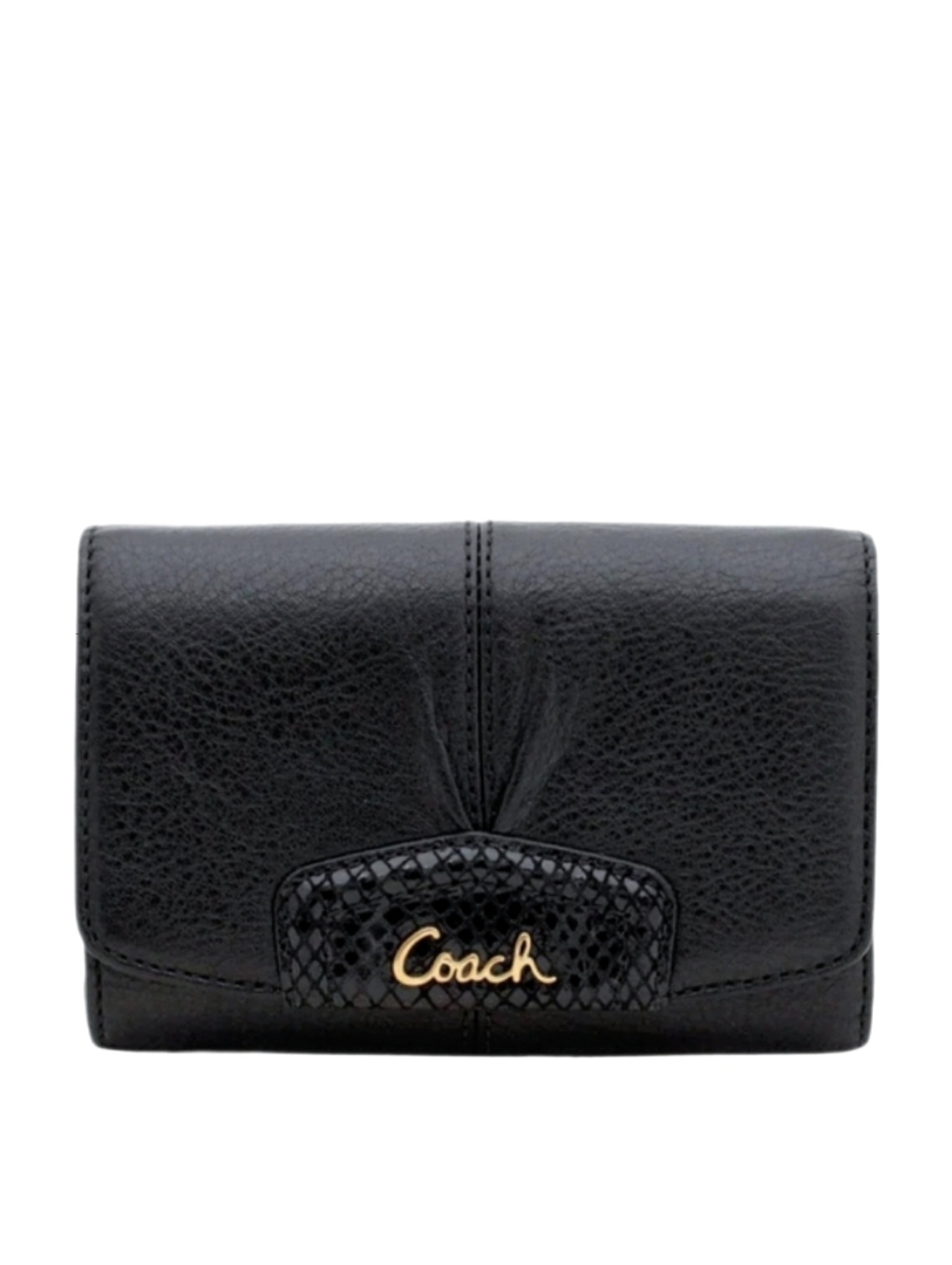 🖤 Coach Ashley Exotic Black Pleated Leather Compact Snap Wallet ID Card Clutch